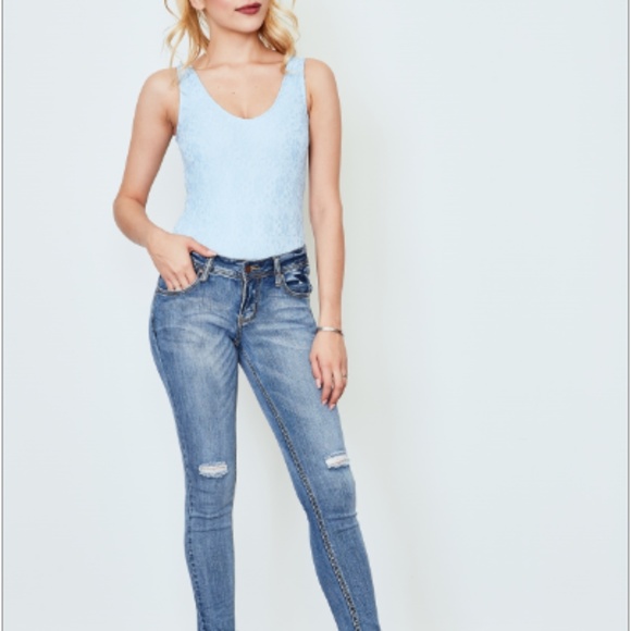 SENSEMILL Blue Floral Lace Ribbon Bodysuit NWT - Picture 2 of 7